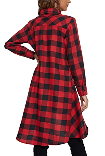 olrain Womens Plaids V Neck Long Sleeve Irregular Hem Casual Shirt Dress (Medium, Red) - Image 5