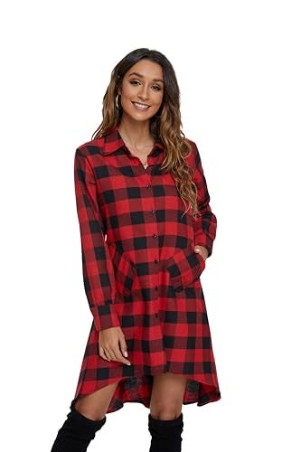 olrain Womens Plaids V Neck Long Sleeve Irregular Hem Casual Shirt Dress (Medium, Red) - Image 4