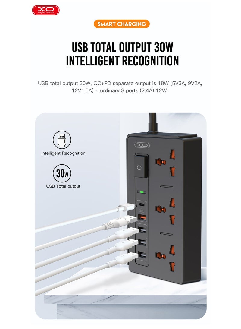 XO INET Extension Cord Socket 30W Multifunctional Fast Charging Power Strip 18W PD+QC+3USB2.4A - Image 3