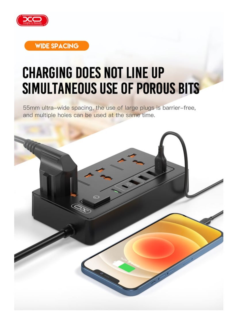 XO INET Extension Cord Socket 30W Multifunctional Fast Charging Power Strip 18W PD+QC+3USB2.4A - Image 4