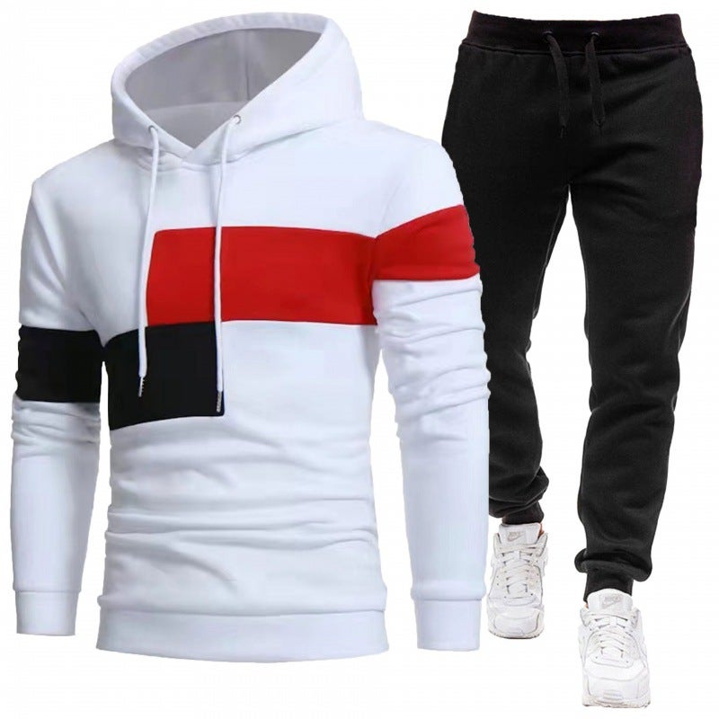 2024 Mens fleece-lined Stitching Hoodie Sweater suit Three Stitching Casual Sports Sweater Two-Piece Set white black pants