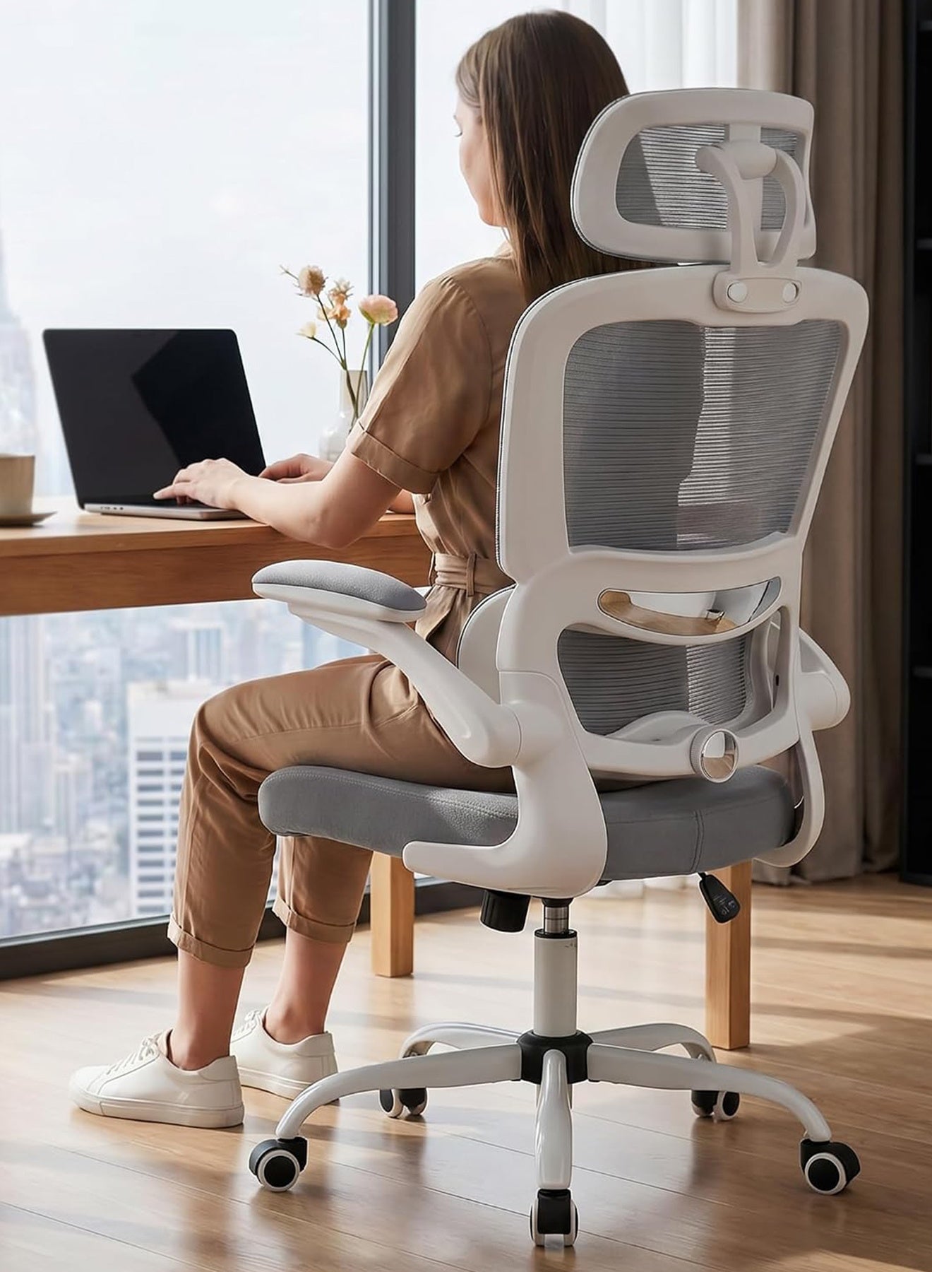 Premium Ergonomic Office Chair for Work from Home, High Back Computer Chair with Adjustable Seat, Lumbar Support & Headrest, Flip-up Armrest & Recline | Mesh Chair for Office/Home Grey