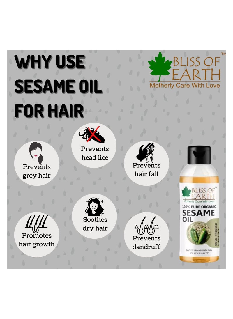 BLISS OF EARTH 100% Organic Sesame Oil 100ML Coldpressed and Unrefined Pack of 3  - Image 2
