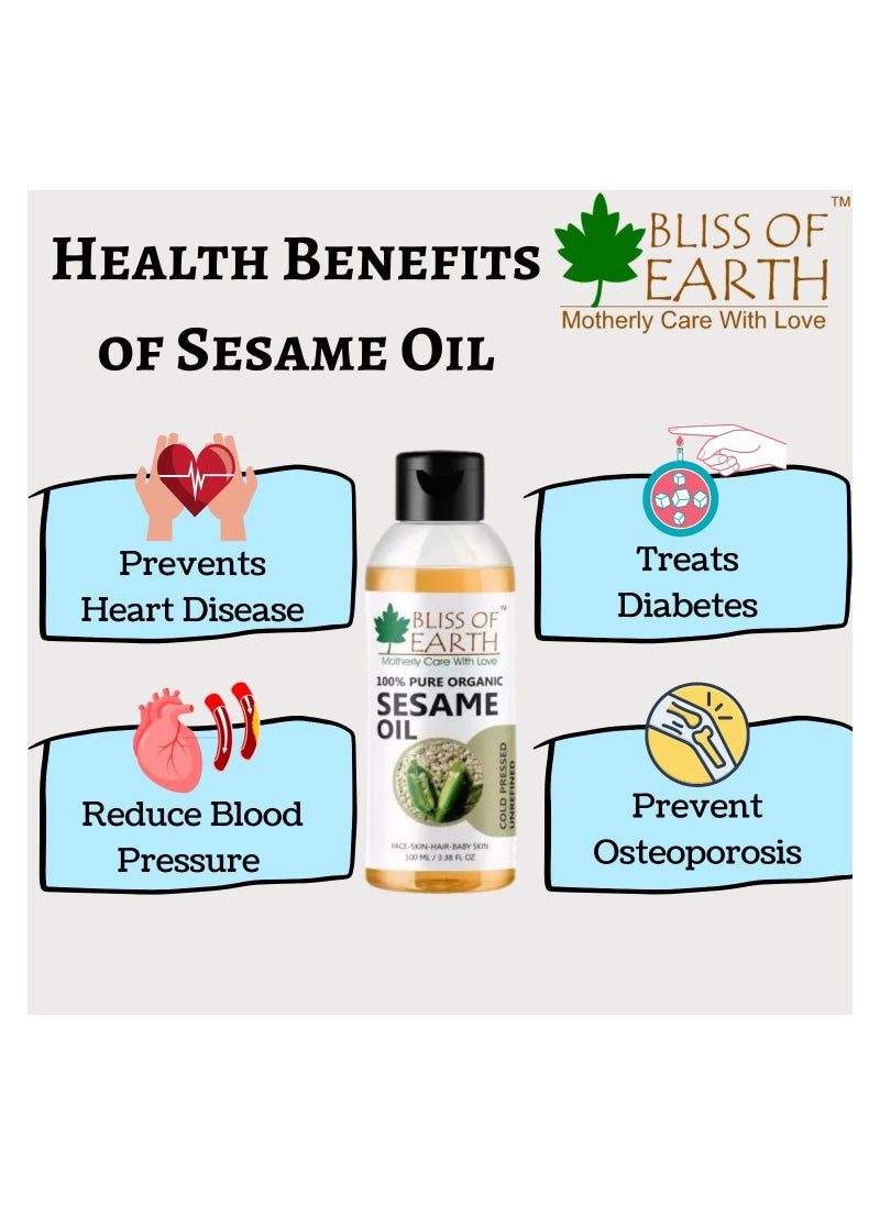 BLISS OF EARTH 100% Organic Sesame Oil 100ML Coldpressed and Unrefined Pack of 3  - Image 3