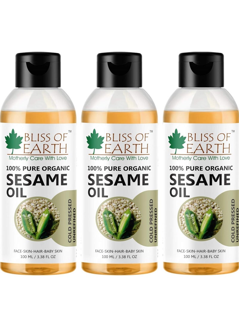 BLISS OF EARTH 100% Organic Sesame Oil 100ML Coldpressed and Unrefined Pack of 3  - Image 1