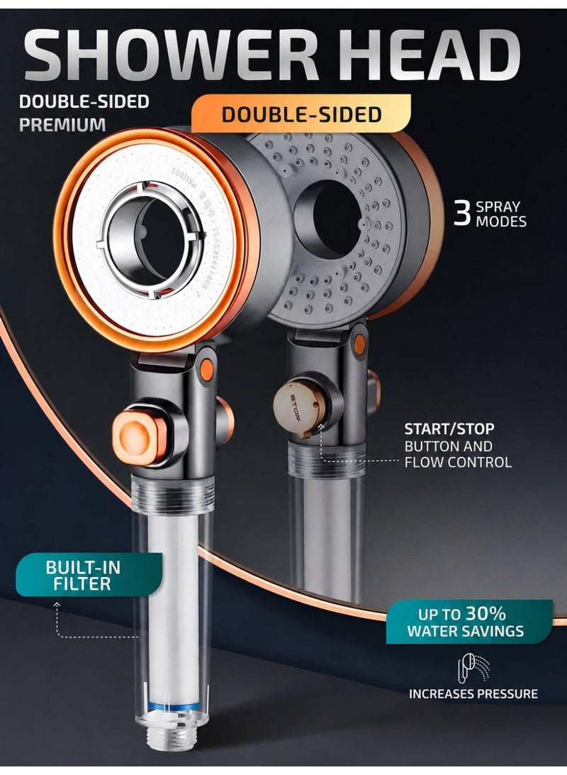 AMROAH Handheld Shower Head with Filter, Double-Sided Shower Head with 3 Spray Modes, Start/Stop Button, High Pressure, Water Saving, Universal G1/2 Connection for Bathroom - Image 2