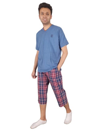 Summer Pajama Set Solid Top V Neck& Checks Bermuda-Blue