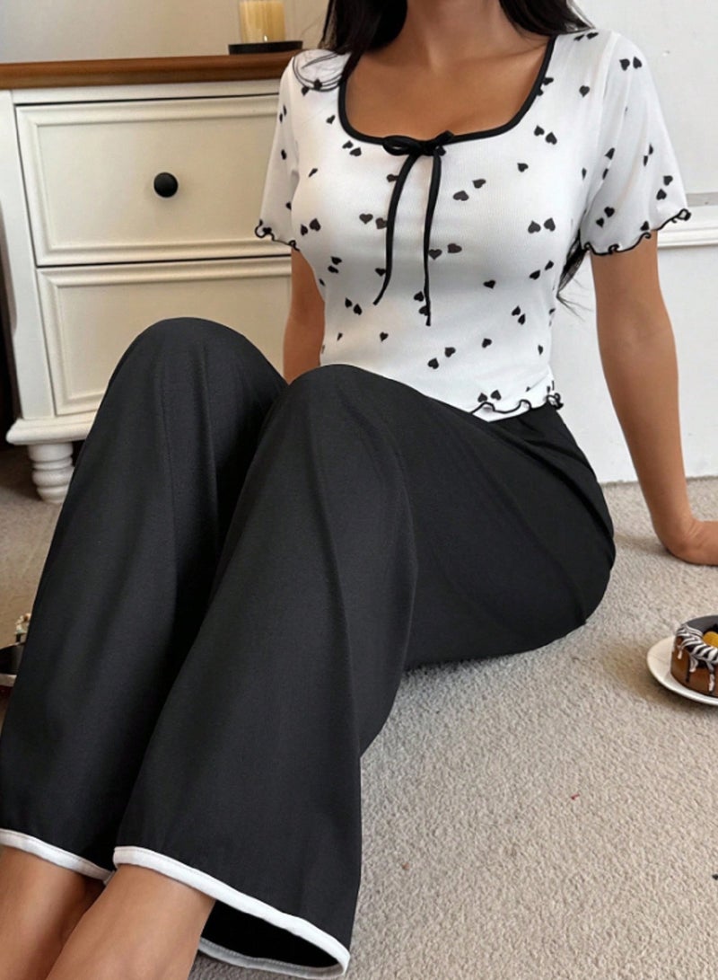 Women's Cotton Blend Pajama Set - Heart Print Short Sleeve Top & Wide-Leg Pants Sleepwear, Model 724 (One Size Up to 75 kg) - Image 4