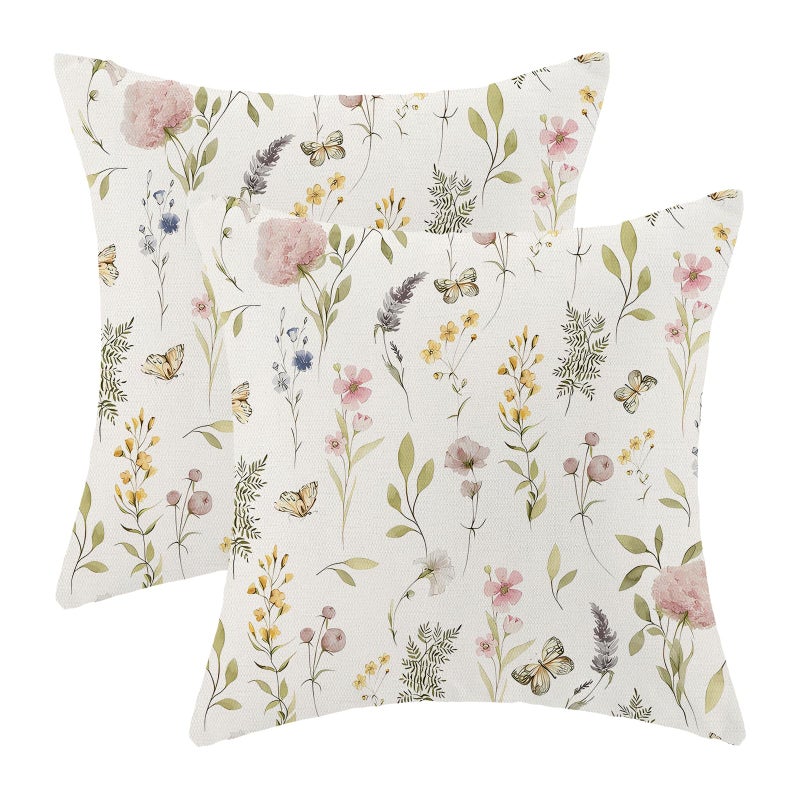 AEIOAE Spring Pillow Covers 18x18 Inch Set of 2, Sage Green Pink Wild Flower Throw Pillows Case,Colorful Seasonal Floral Plant Outdoor Decorative Farmhouse Decor Cushion Covers for Home Sofa Bed Couch - Image 1