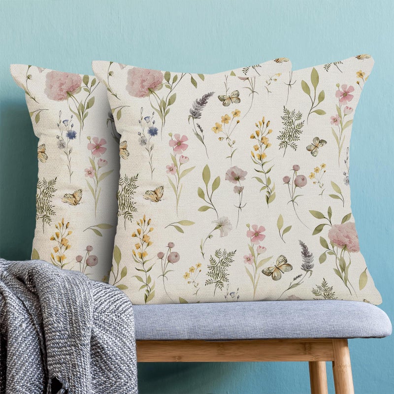 AEIOAE Spring Pillow Covers 18x18 Inch Set of 2, Sage Green Pink Wild Flower Throw Pillows Case,Colorful Seasonal Floral Plant Outdoor Decorative Farmhouse Decor Cushion Covers for Home Sofa Bed Couch - Image 2