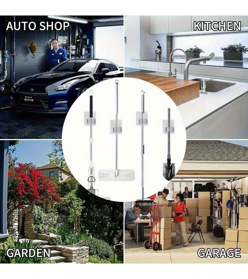 Silvery Stainless Steel Mop Broom Holder Wall Mounted Storage Rack 2pcs - Image 5