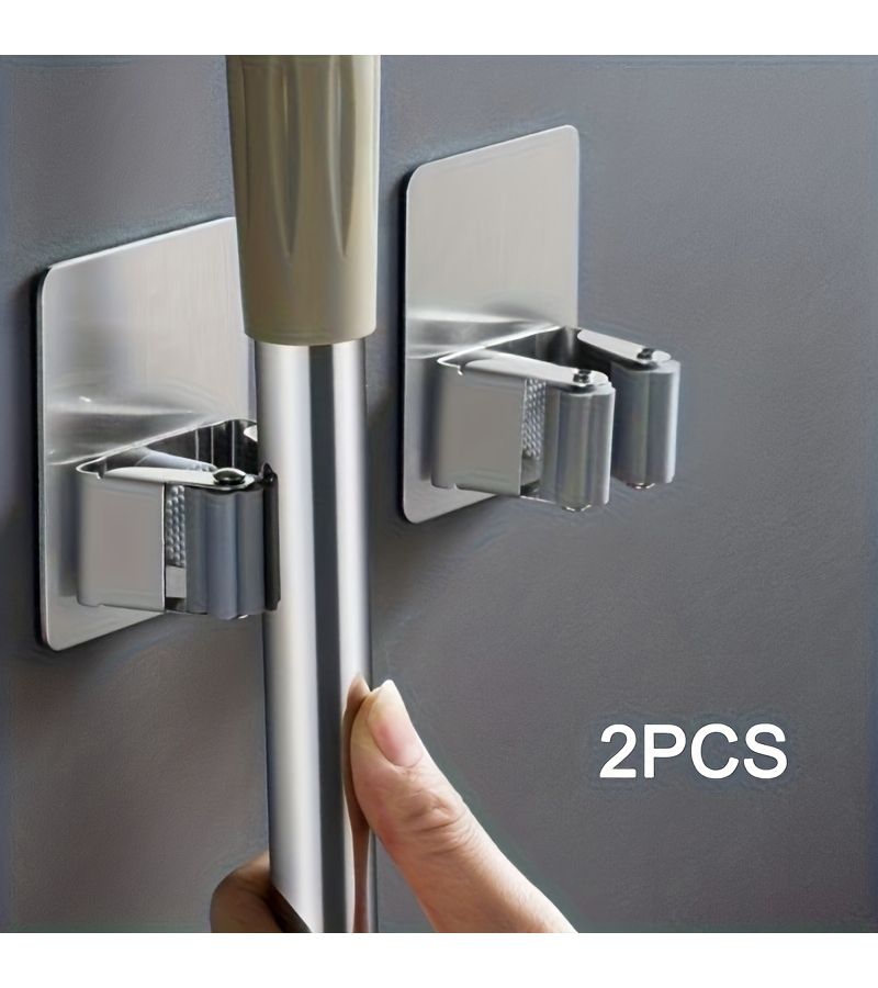 Silvery Stainless Steel Mop Broom Holder Wall Mounted Storage Rack 2pcs - Image 1