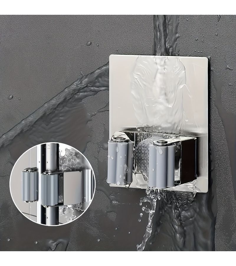 Silvery Stainless Steel Mop Broom Holder Wall Mounted Storage Rack 2pcs - Image 4