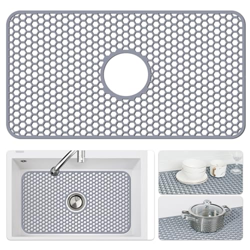 Bestjing Silicone Sink Mat - Protectors for Kitchen Sink with Center Drain, 26"x 14" Kitchen Grid Accessory, Non-Slip Heat-Resistant Mat for Bottom of Farmhouse Porcelain Stainless Steel (Center Hole) - Image 1
