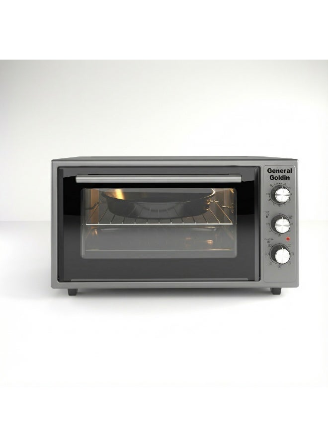 جنرال جولدن فرن كهربائي محمصة جنرال جولدن 60 لتر، 6 وظائف متعددة، 60×49 سم، 2100 وات، زجاج مزدوج، تسخين من الأعلى إلى الأسفل، مؤقت ميكانيكي، إضاءة داخلية، صينية عميقة وحامل متضمن - Image 1