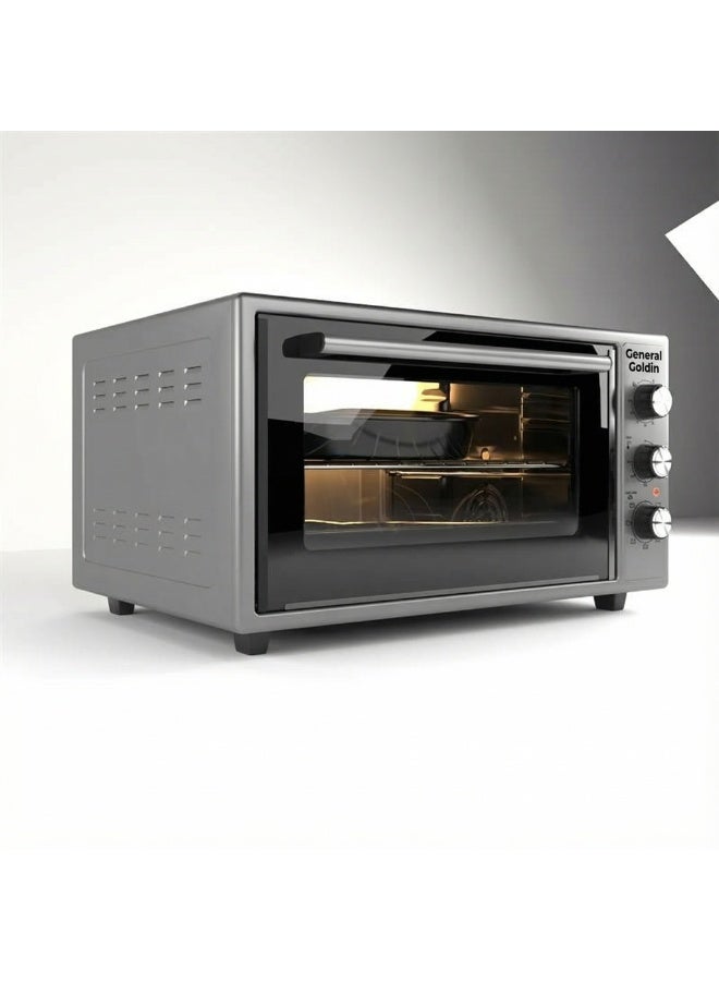 جنرال جولدن فرن كهربائي محمصة جنرال جولدن 60 لتر، 6 وظائف متعددة، 60×49 سم، 2100 وات، زجاج مزدوج، تسخين من الأعلى إلى الأسفل، مؤقت ميكانيكي، إضاءة داخلية، صينية عميقة وحامل متضمن - Image 2