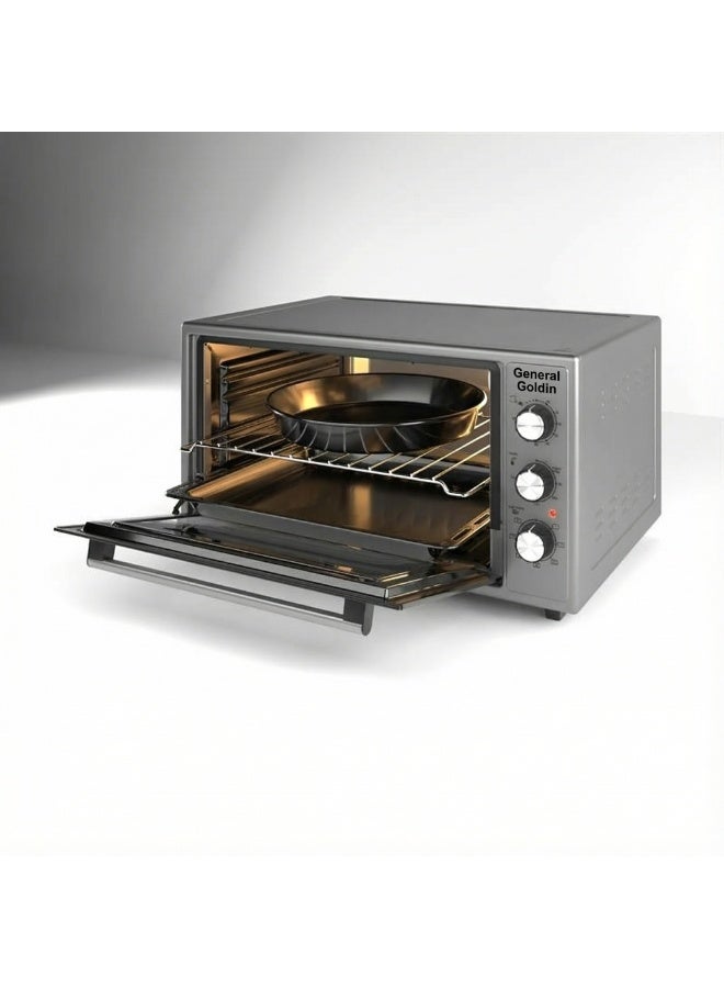 جنرال جولدن فرن كهربائي محمصة جنرال جولدن 60 لتر، 6 وظائف متعددة، 60×49 سم، 2100 وات، زجاج مزدوج، تسخين من الأعلى إلى الأسفل، مؤقت ميكانيكي، إضاءة داخلية، صينية عميقة وحامل متضمن - Image 3