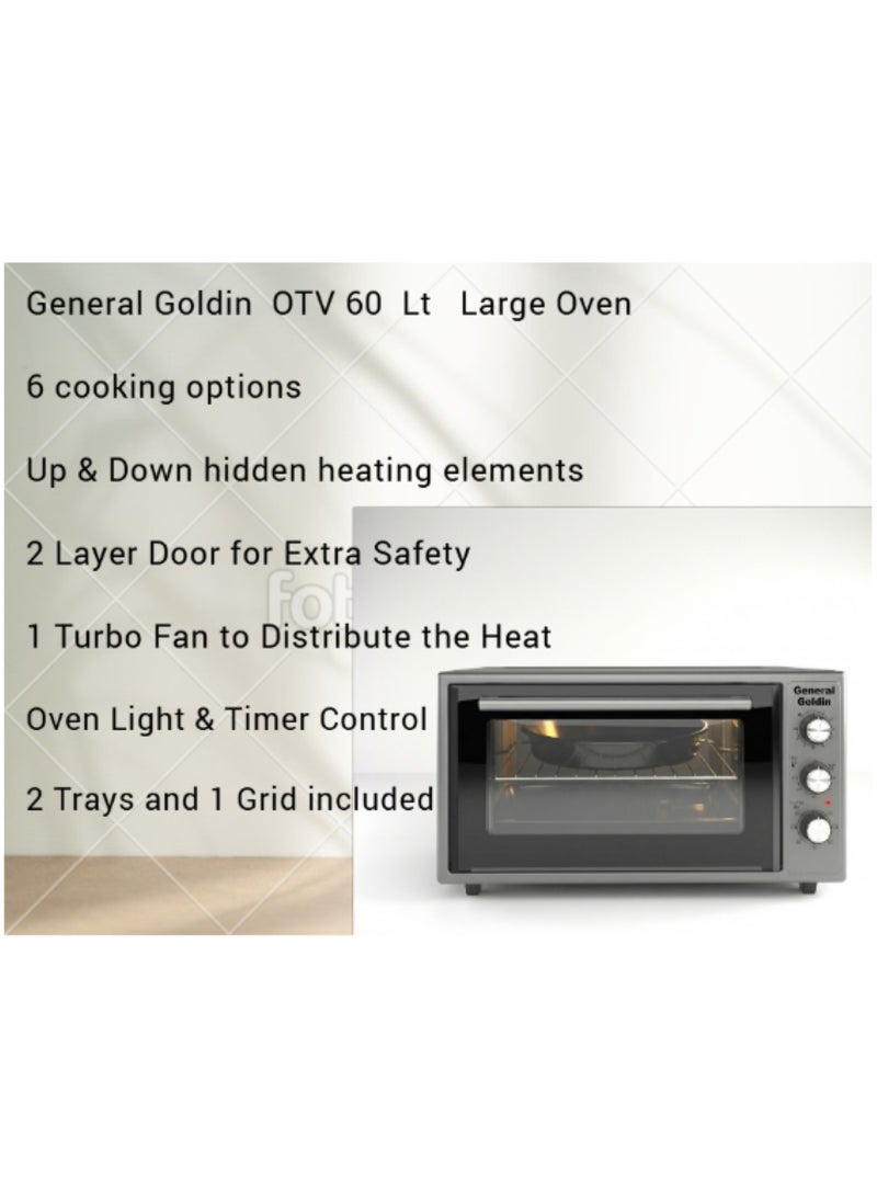 جنرال جولدن فرن كهربائي محمصة جنرال جولدن 60 لتر، 6 وظائف متعددة، 60×49 سم، 2100 وات، زجاج مزدوج، تسخين من الأعلى إلى الأسفل، مؤقت ميكانيكي، إضاءة داخلية، صينية عميقة وحامل متضمن - Image 5