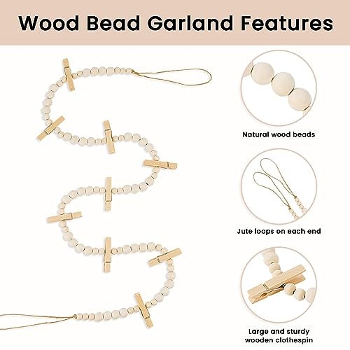 KLOGTSIND Hanging Photo Display Wall Decor, 2PCS Boho Wooden Bead Garland Collage Picture Frame with 9 Wood Clips for Bedroom, Living Room, Office, Dorm Decor, Photos Holder Teen Girl Gifts - Image 5