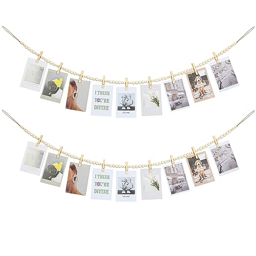 KLOGTSIND Hanging Photo Display Wall Decor, 2PCS Boho Wooden Bead Garland Collage Picture Frame with 9 Wood Clips for Bedroom, Living Room, Office, Dorm Decor, Photos Holder Teen Girl Gifts - Image 1