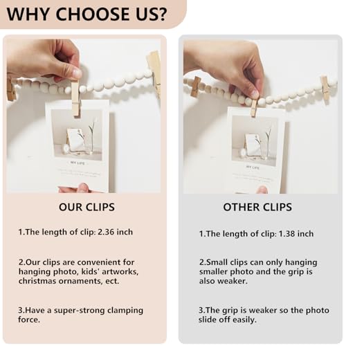 KLOGTSIND Hanging Photo Display Wall Decor, 2PCS Boho Wooden Bead Garland Collage Picture Frame with 9 Wood Clips for Bedroom, Living Room, Office, Dorm Decor, Photos Holder Teen Girl Gifts - Image 3
