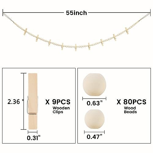 KLOGTSIND Hanging Photo Display Wall Decor, 2PCS Boho Wooden Bead Garland Collage Picture Frame with 9 Wood Clips for Bedroom, Living Room, Office, Dorm Decor, Photos Holder Teen Girl Gifts - Image 2