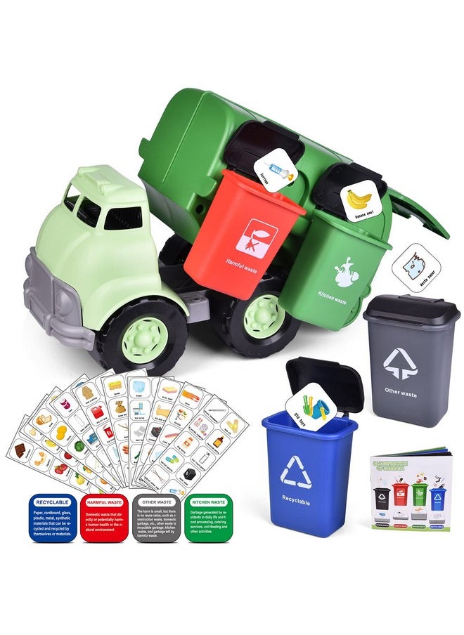 FUN LITTLE TOYS FUN LITTLE TOYS Garbage Truck Toy with 4 Rear Loader Trash Cans and Garbage Illustrated Flash Cards, Waste Management Recycling Truck Toy for Kids  - Image 1