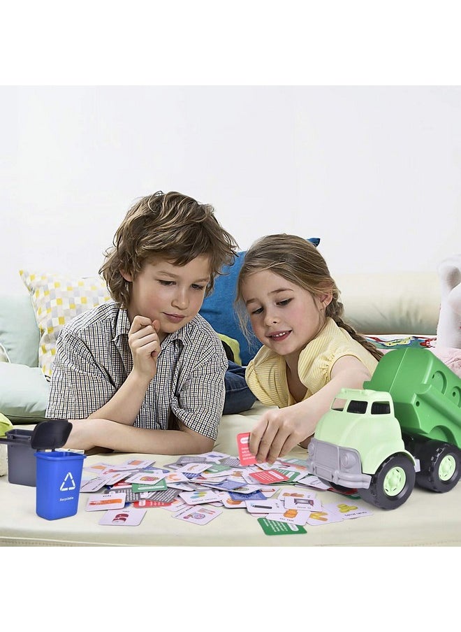FUN LITTLE TOYS FUN LITTLE TOYS Garbage Truck Toy with 4 Rear Loader Trash Cans and Garbage Illustrated Flash Cards, Waste Management Recycling Truck Toy for Kids  - Image 4