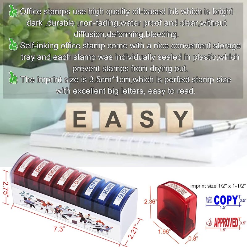 Bertiveny 8 PCS Self-Inking Rubber Stamp Set for Office Stamps Business Stamp Message Account Stamp Paper Work Text Ink Stampers Approved Paid Completed Copy Faxed Scanned Stamps with Plastic Tray - Image 2