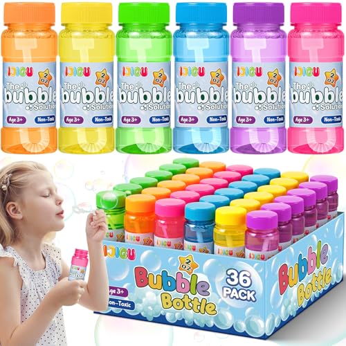 IJIGU Bubble Bottles 36 Pack 2oz Bubbles for Kids Bubble Solution with Bulk Wands in 6 Colors as Party Favors for Toddlers 13 Summer Outdoor Toy Gift for Boys Girls - Image 1