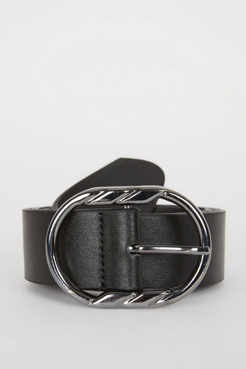 Woman Oval Buckle Faux Leather Denim Belt