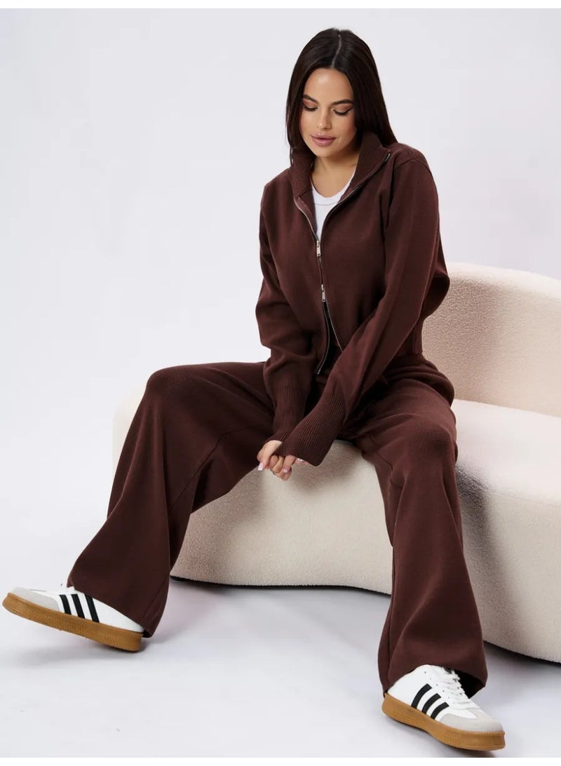 NIBEMINENT Spring Autumn Lady Solid Tracksuit Casual Knitted Cardigan Pants Sets 2 Pieces For Women Stand Collar Zipper Coat Wide Leg Pants - Image 2