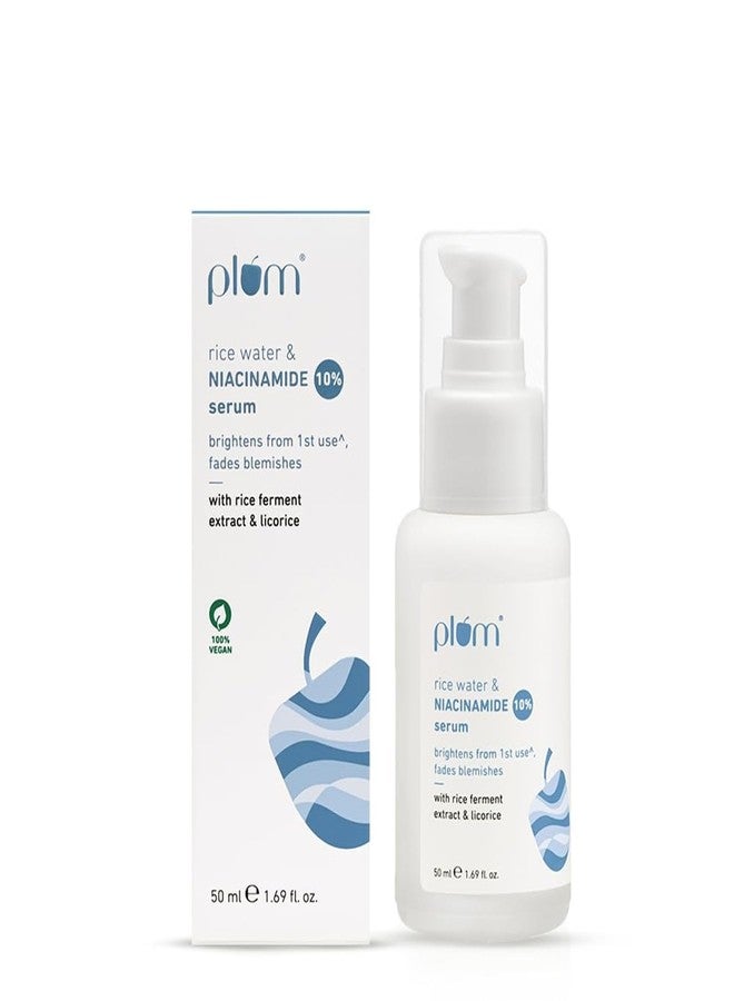 Plum 10% Niacinamide Serum with Rice Water 50ml | Provides Clear, Glowing & Brightening Skin | for Acne Prone, Combination, Oily & Sensitive Skin | Oil Control & Anti Acne Face Serum for Women & Men - Image 1