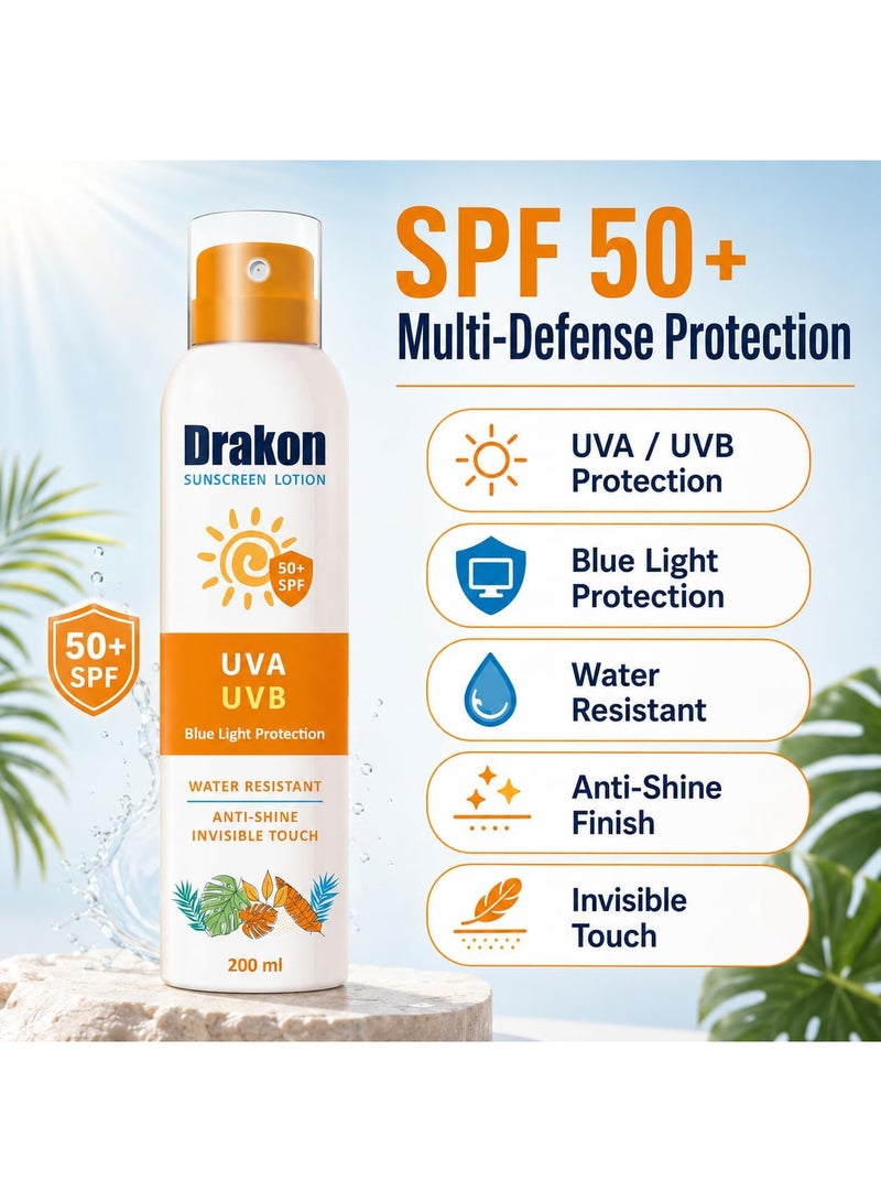 دراكون لوشن واقي شمس SPF50+ للوجه والجسم، حماية من أشعة UVA وUVB والضوء الأزرق، مقاوم للماء بلمسة غير دهنية، 200 مل - Image 3