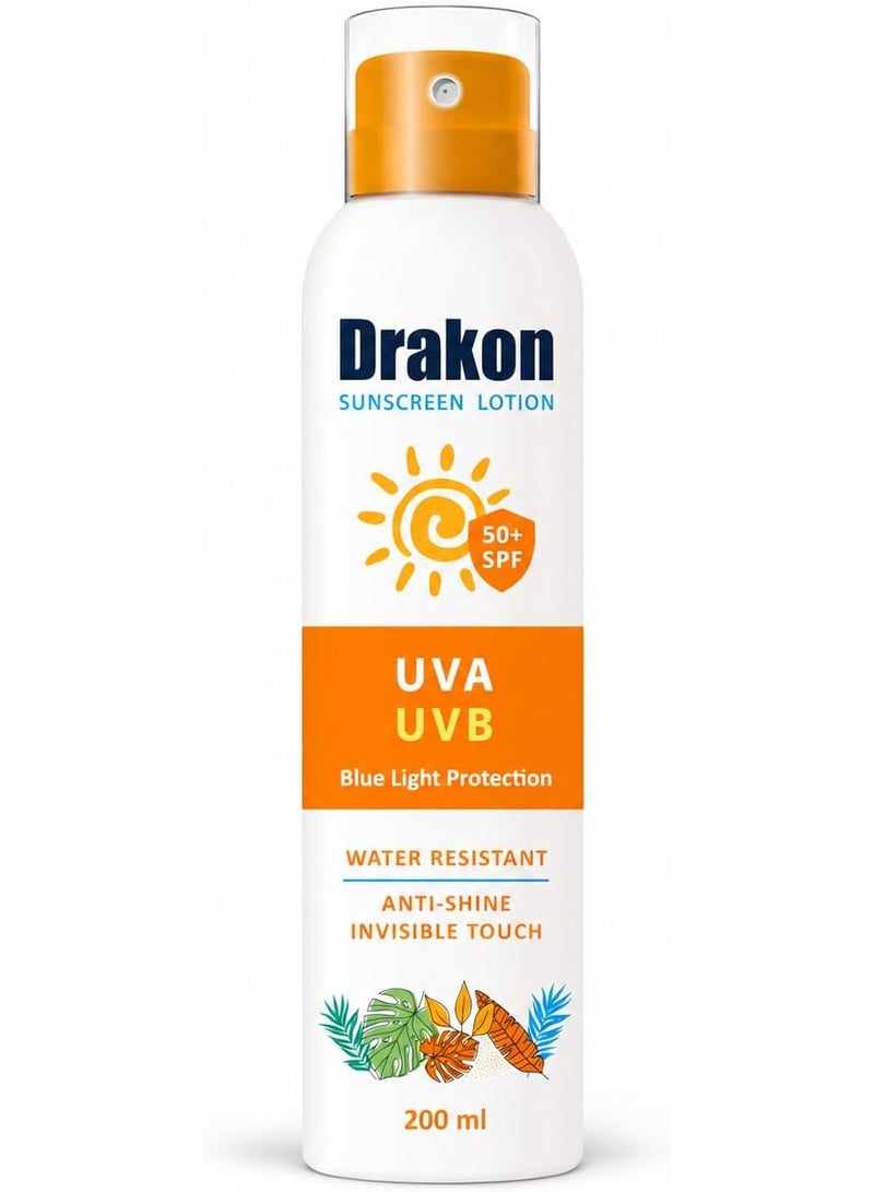 دراكون لوشن واقي شمس SPF50+ للوجه والجسم، حماية من أشعة UVA وUVB والضوء الأزرق، مقاوم للماء بلمسة غير دهنية، 200 مل - Image 1