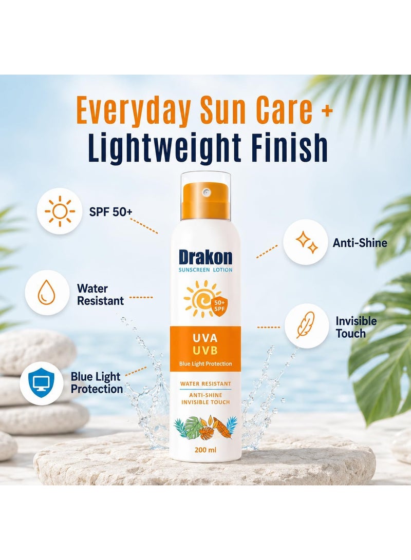 دراكون لوشن واقي شمس SPF50+ للوجه والجسم، حماية من أشعة UVA وUVB والضوء الأزرق، مقاوم للماء بلمسة غير دهنية، 200 مل - Image 4