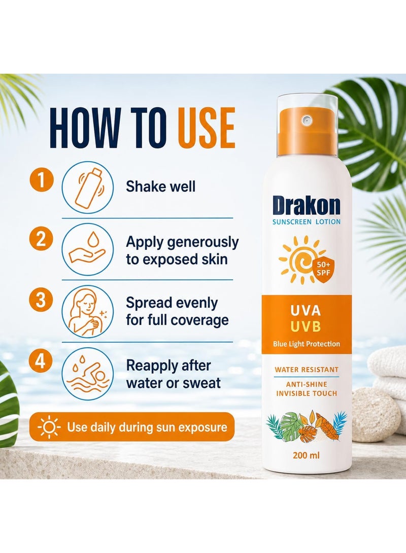 دراكون لوشن واقي شمس SPF50+ للوجه والجسم، حماية من أشعة UVA وUVB والضوء الأزرق، مقاوم للماء بلمسة غير دهنية، 200 مل - Image 5