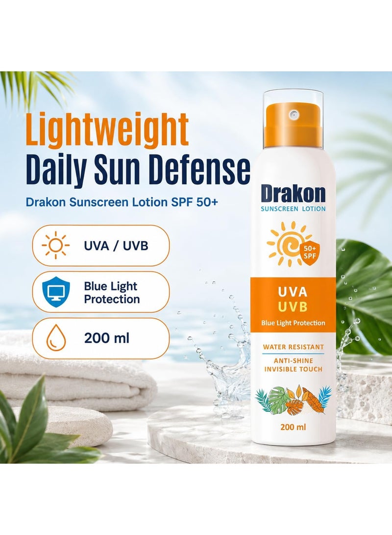 دراكون لوشن واقي شمس SPF50+ للوجه والجسم، حماية من أشعة UVA وUVB والضوء الأزرق، مقاوم للماء بلمسة غير دهنية، 200 مل - Image 2