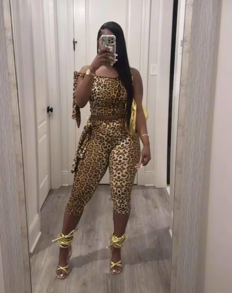 YOUFE Cheetah Print 2 Piece Set for Women Sleeveless Leopard Print Cropp Top Bodycon Pant Outfit with Lace Y2K Club Tracksuit - Image 3