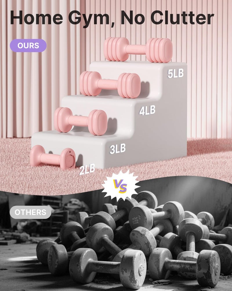 YOTTOY Adjustable Dumbbell Set of 2, 4-in-1 Hand Weights for Women at Home, Compact Free Weights Dumbbells Set with Soft Grip and Base, 2-5 lbs Each for Home Gym (Pink) - Image 4