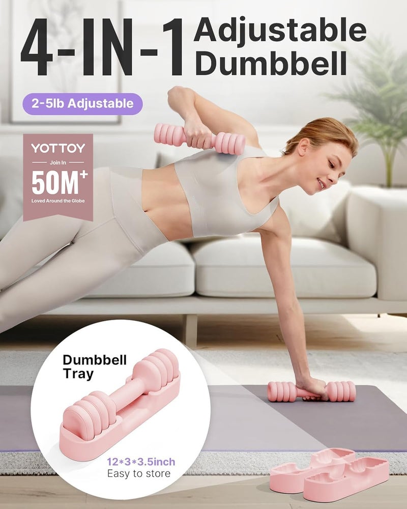 YOTTOY Adjustable Dumbbell Set of 2, 4-in-1 Hand Weights for Women at Home, Compact Free Weights Dumbbells Set with Soft Grip and Base, 2-5 lbs Each for Home Gym (Pink) - Image 2