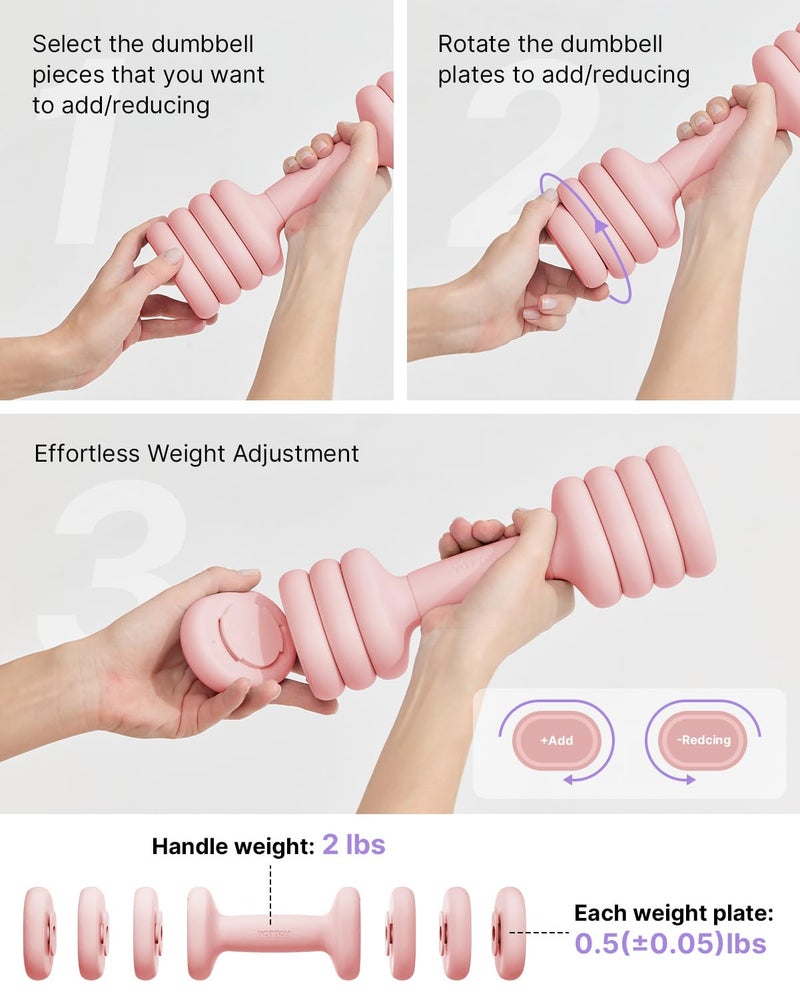 YOTTOY Adjustable Dumbbell Set of 2, 4-in-1 Hand Weights for Women at Home, Compact Free Weights Dumbbells Set with Soft Grip and Base, 2-5 lbs Each for Home Gym (Pink) - Image 3
