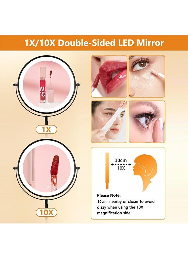 Garlo - Rechargeable Lighted Height Adjustable Makeup Mirror with 3 Colors,45 Mins Auto Turn Off & Memory Function,Dimmable Double-Sided 1X/10X Magnification LED and 360° Rotation Standing Vanity Mirror - Image 1