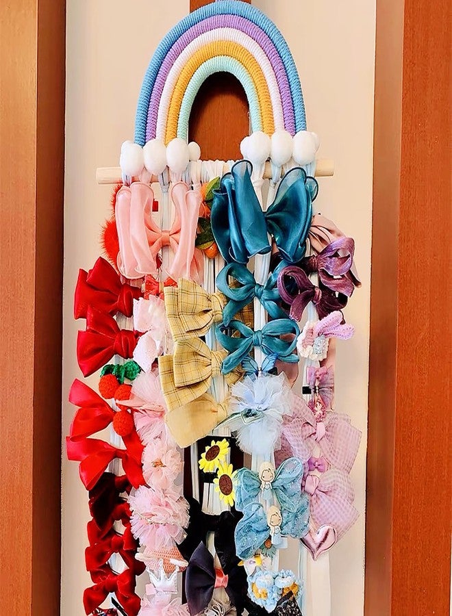 Vawolecy Rainbow Macrame Bow Holder Hanging Hair Bow Organizer for Girls, Hair Clip Holder Hair Clips Headband Storage Hanger Boho Wall Decor - Image 3