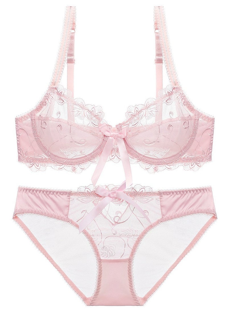 Loquat Solid Color 3/4 Cup Ultra Thin Cup Lace Bra Panty Set Light Pink 