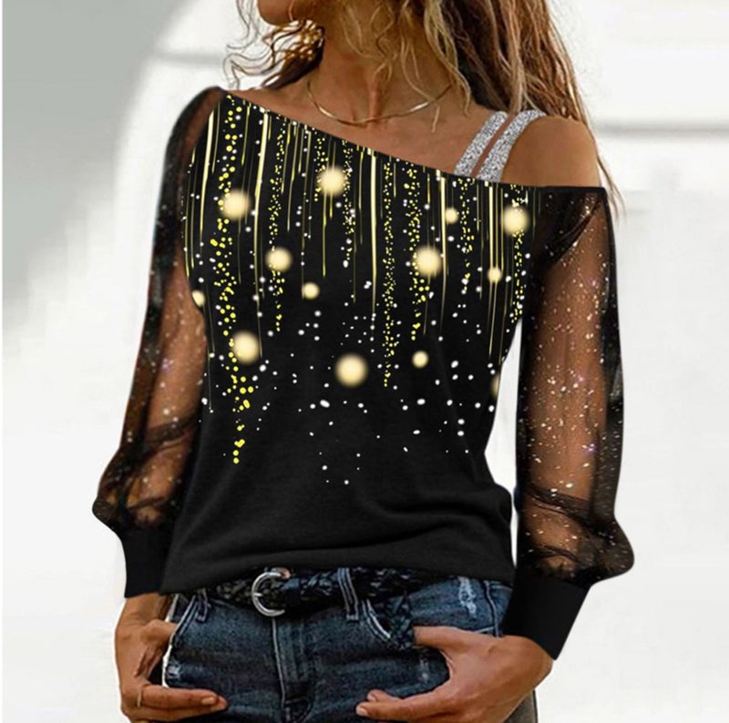2024 Wish Women'S Long-Sleeved Fashionable One-Line Collar Off-Shoulder Printed Top T-Shirt - Image 1
