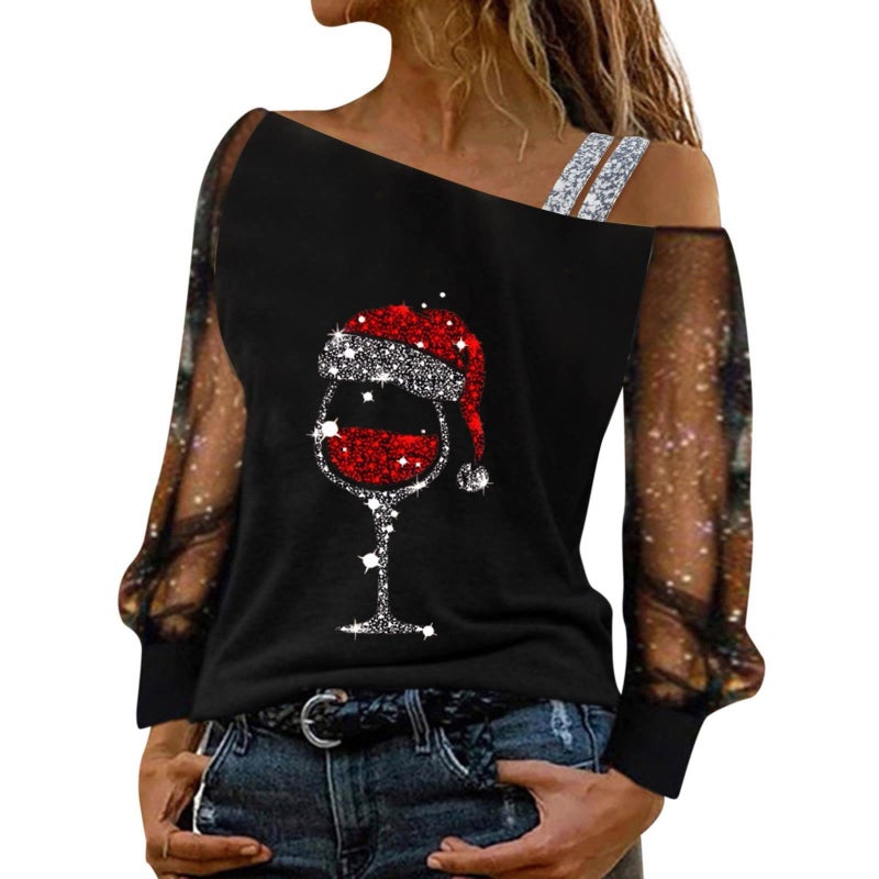 2024 Wish Women'S Long-Sleeved Fashionable One-Line Collar Off-Shoulder Printed Top T-Shirt - Image 3