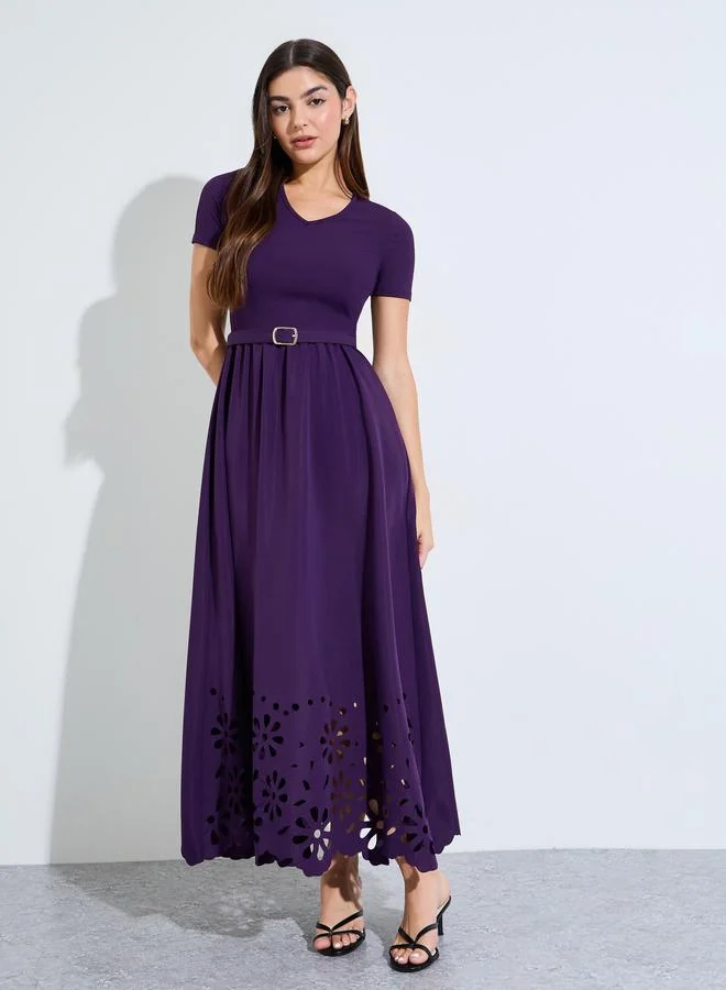 Styli Purple Cut-Work A-Line Maxi Dress with Buckle Belt