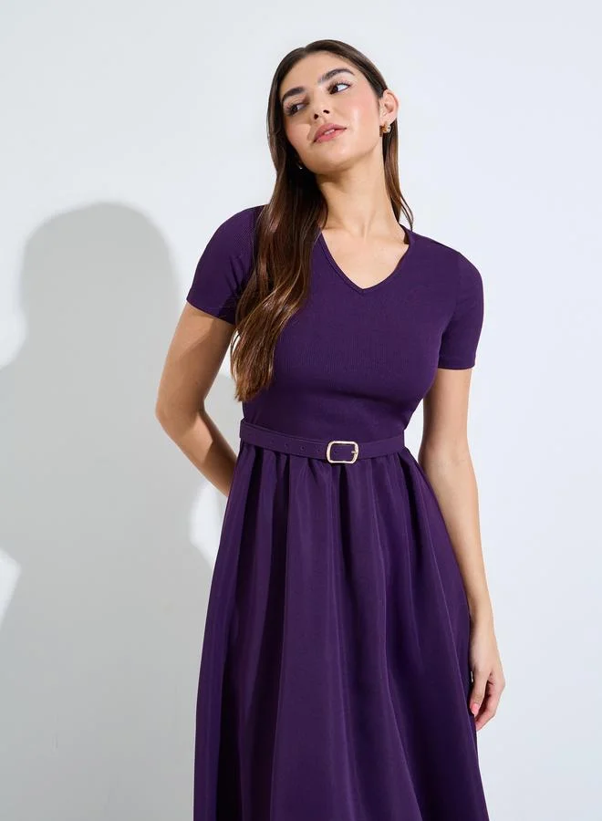 Styli Purple Cut-Work A-Line Maxi Dress with Buckle Belt
