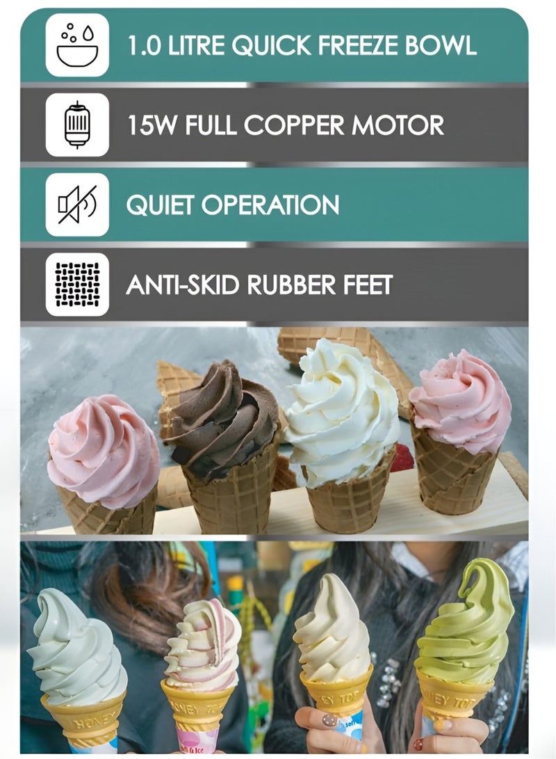 Electric Ice Cream Maker & Ice Cream Cone Maker| Ice Cream Maker 1 Liter 15W for Soft Serve, Gelato, Smoothies, Frozen Yogurt, Slushies & Dairy-Free Desserts & Ice Cream Cone Maker Waffle Cone Maker with Nonstick Coating, Double-Sided Heating, 1200W Dessert Baking Pan